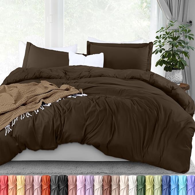 Duvet Cover Full, 3 Piece Cotton Like Polyester With Zipper Closure, Brown | Extra Soft and Breathable, Wrinkle & Fade Resistant, Includes Duvet Cover and 2 Pillow Shams, Comforter Not Included, OekoTex