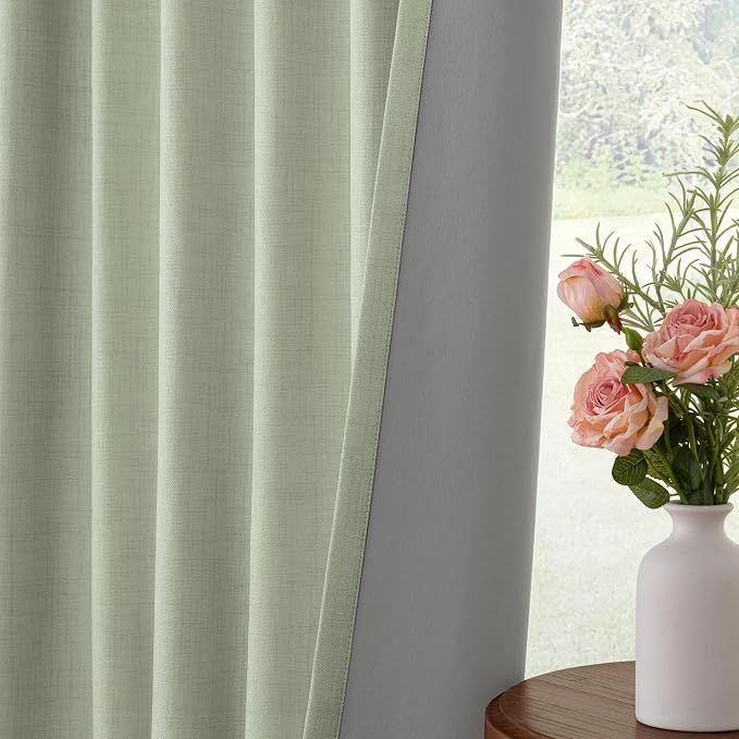 INOVADAY Sage Green Curtains 100% Blackout Curtains for Living Room 50X96 | Black Out Curtain 96 Inch Long for Bedroom 2 Panels, Clip Rings Linen Look Blackout Drapes, Thermal Insulated Room Darkening