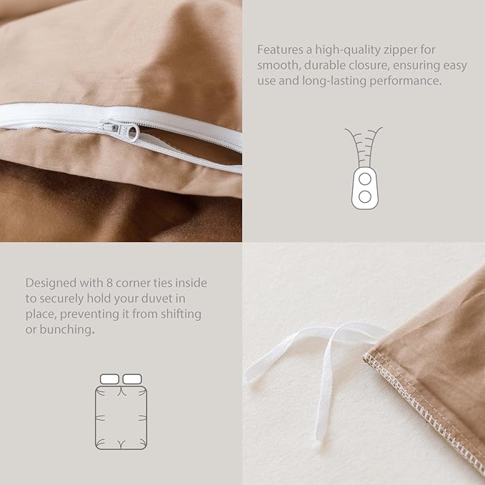 HeimenAogo Egyptian Cotton Duvet Cover King Size Sateen Weave, Silky Soft and Breathable Bedding Set with Zipper Closure, Long Staple Cotton Bed Linen Brown 3Pcs (104"×90")