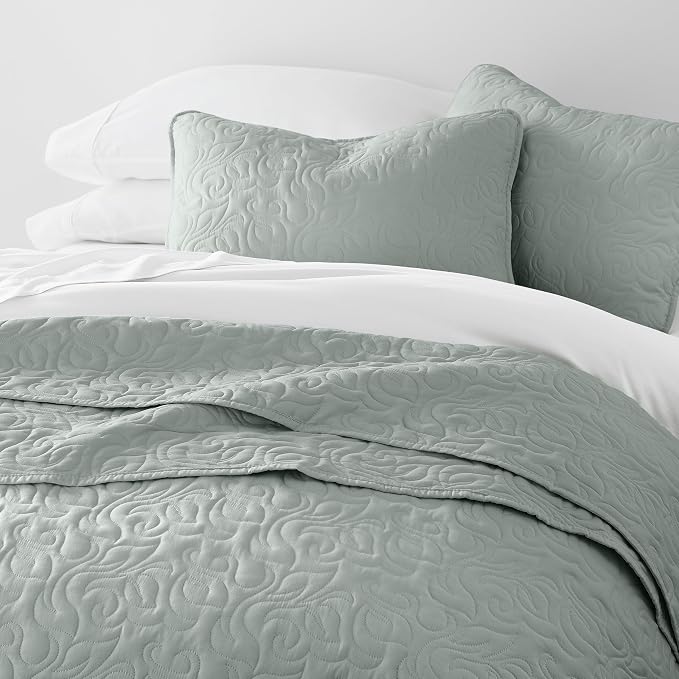 Merit Linens Modern Quilt Coverlet Soft Set in Floral Stitching - King/Cal-King Eucalyptus