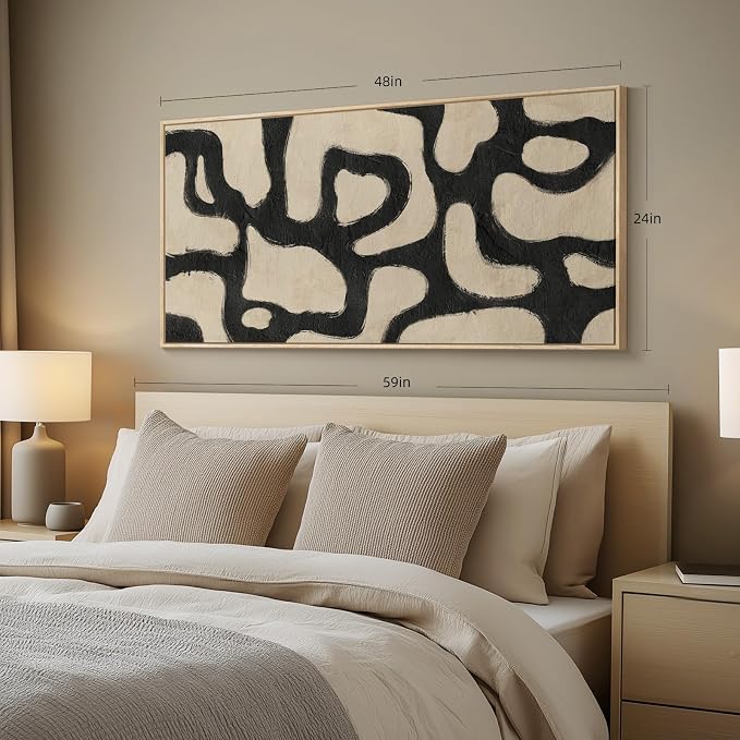 Framed Neutral Modern Abstract Horizontal Wall Art for Living Room, 24x48 | Black and beige, Modern, Minimalist, Large, Canvas artwork, Bedroom wall decor, Hallway wall art, Home office, Ready to hang