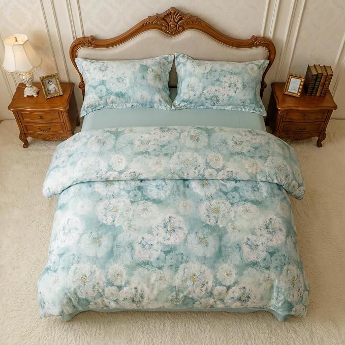 HeimenAogo Egyptian Cotton Duvet Cover Queen Size Sateen Weave, Silky Soft Duvet Cover with Zipper Closure, Long Staple Cotton Bed Linen Watercolor Floral 3 Pcs