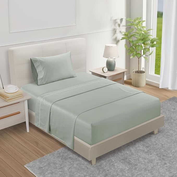 100% Egyptian Cotton Sheets Twin Size, 3PC 15" Deep Pocket Sheets - Mineral | 800 Thread Count Sateen Weave, OEKO-TEX, Soft & Comfy Breathable 800TC Cotton Bed Sheet for All Seasons, Machine Washable