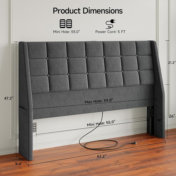 Queen Size Headboard with Charging Station, Wingback Ergonomic Headboards | Wingback Upholstered Bed Head Board with Storage Pocket, Sturdy Stable Solid Wood Headboard, Bed Frame Adapters, Dark Grey