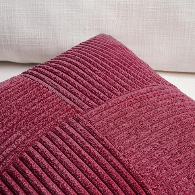 Fancy Homi 2 Packs Burgundy Lumbar Decorative Throw Pillow Covers 16x26 Inch for Couch Bed Sofa, Rustic Farmhouse Boho Spring Home Decor, Soft Striped Corduroy Rectangle Accent Cushion Case