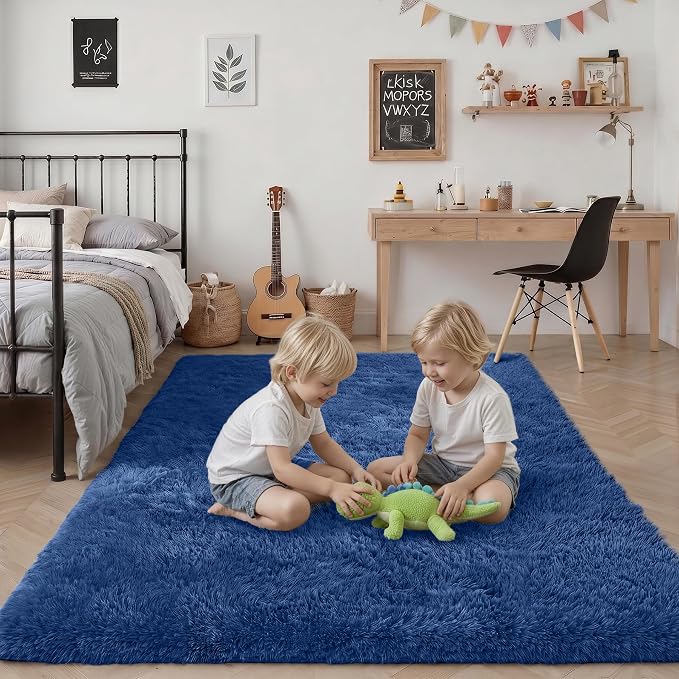 Area Rug Living Room Bedroom: 6x9 Fluffy Plush Shag Carpet Blue | For Kids Room Playroom Nursery Home Decor,Ultra Soft,Non-Slip Non-Shedding,Fuzzy Plush,Large Indoor Floor Carpet,Easy Clean