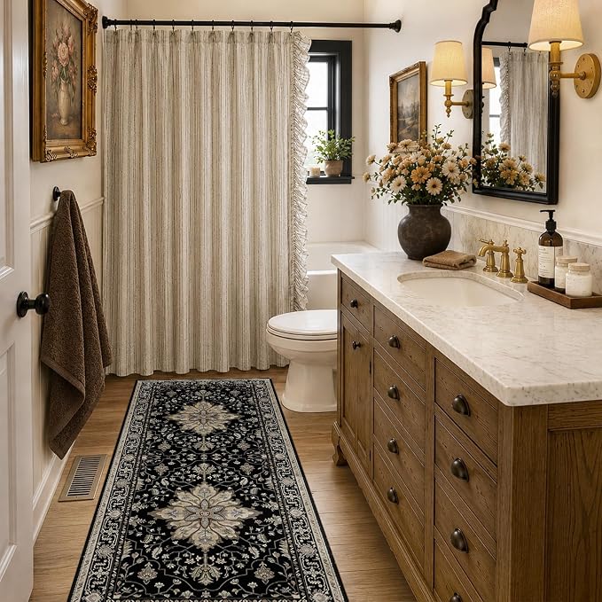 RELEANY Washable Area Rug, Runner 2'x6', Black/Neutral | Non-Slip, Water Repellent, Pet Friendly, Easy to Clean, Vintage Floral Boho Decor for Kitchen Entry Bedroom Bedside Laundry