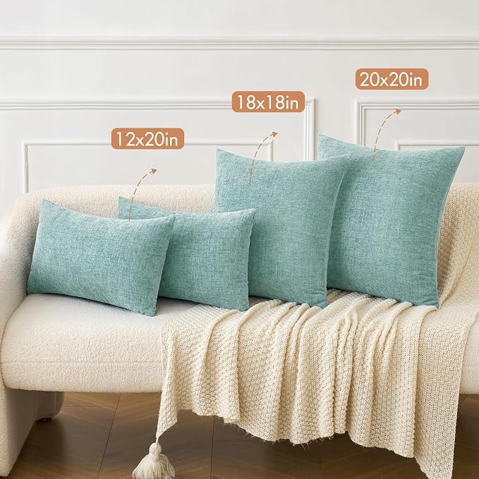 MIULEE Soft Chenille Lumbar Throw Pillow Covers Aqua Green 12x20 Pack of 2 | Modern Home Decor, Classic Decorative Pillows, Solid Dyed Cases, Boho Couch Cushion Covers for Sofa Bed Living Room