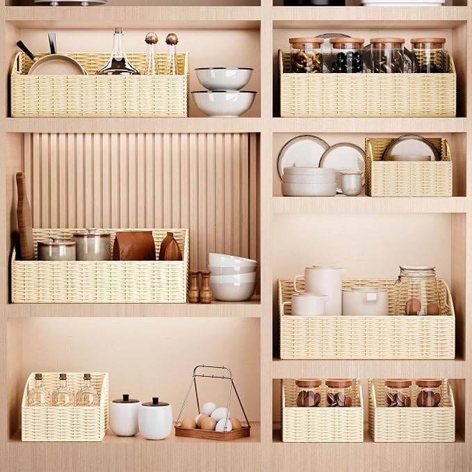 Pantry Baskets for Organizing, Wicker Storage Basket Beige | Handwoven Pantry Organizers and Storage with Built-in Handles, Laundryroom Organization Storage Bins for Snack Cans