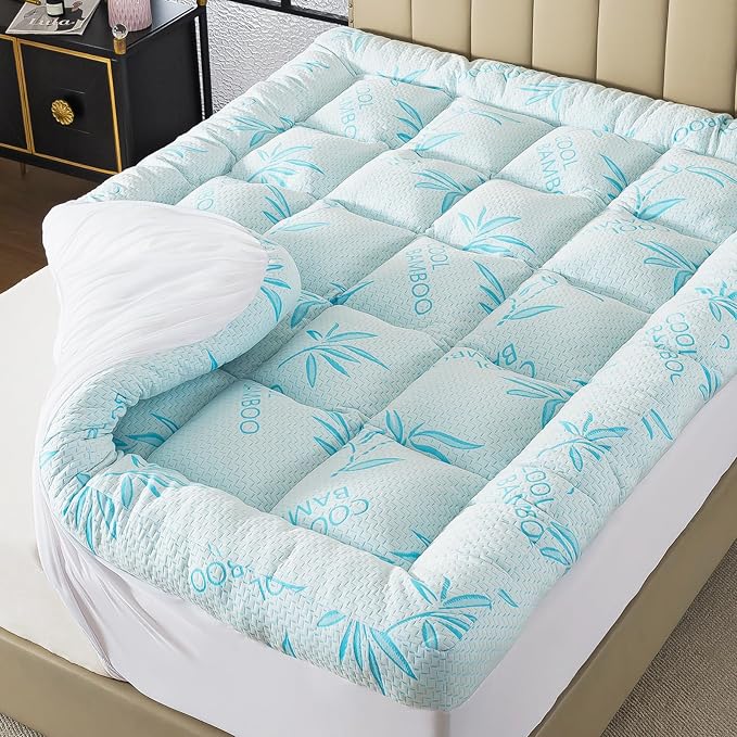 WhatsBedding 5 Inch Full Mattress Topper Breathable Bamboo Viscose Air Layer,Memory Foam Mattress Topper Full Size Blue.