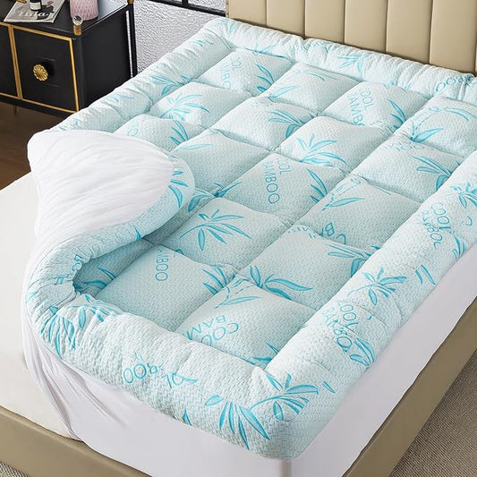 WhatsBedding 5 Inch Full Mattress Topper Breathable Bamboo Viscose Air Layer,Memory Foam Mattress Topper Full Size Blue.