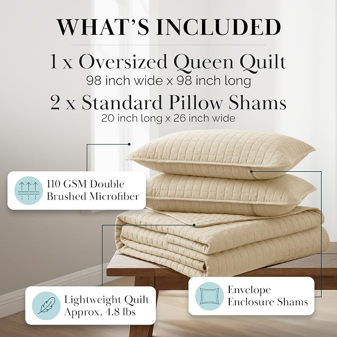 Southshore Fine Living, Inc. Queen Size Quilt Bedding Set, Hotel Quilts, Pet Hair Resistant Bedding Sets, Coverlet Queen Size, Full Size Bedspread with 2 Pillow Shams, Beige Quilts, Soft Sand