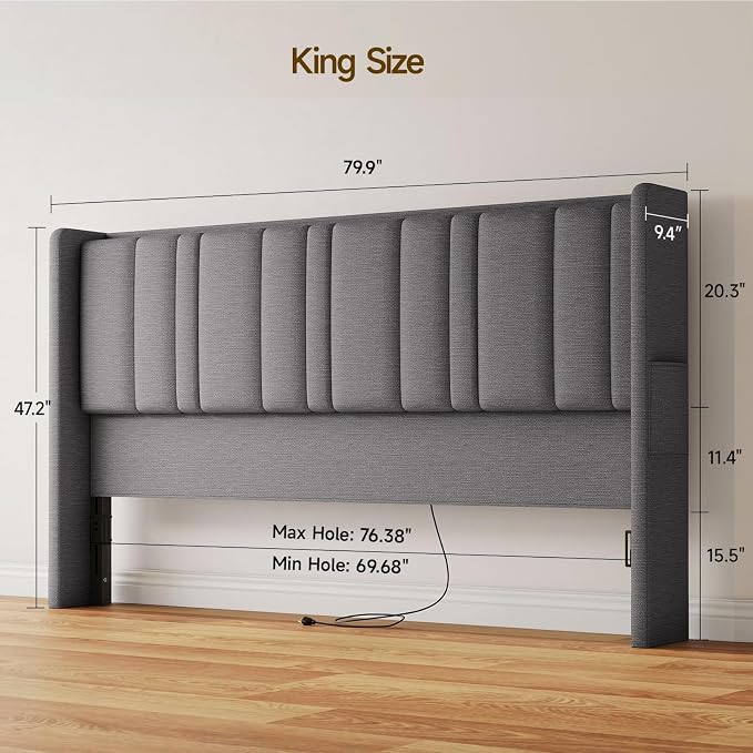 ONBRILL King Size Headboard with Storage, LED Light, Grey | Linen Vertical Wingback Headboard w/ Charging Station, Upholstered Head Board w/ High-Density Foam Padding, 2 Storage Pockets
