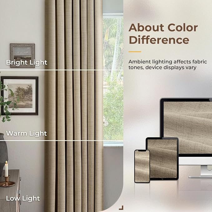 INOVADAY 100% Blackout Curtains for Bedroom Black Out Curtains 96 Inch Long | Earthy Beige Living Room Curtains 2 Panels, Clip Rings Linen Look Blackout Drapes, Thermal Insulated Room Darkening,W50xL96