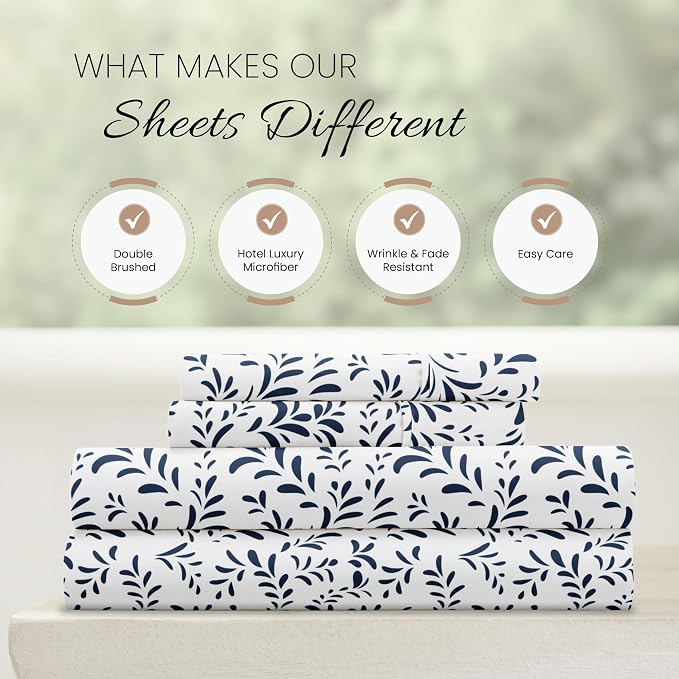 Linen Market Double-Brushed Patterned Microfiber Full Sheet Set 4 Piece – Oeko-TEX Certified Ultra Soft & Wrinkle-Free - 16" Deep Pocket Sheets - Easy Care Full Size - Burst of Vines Navy
