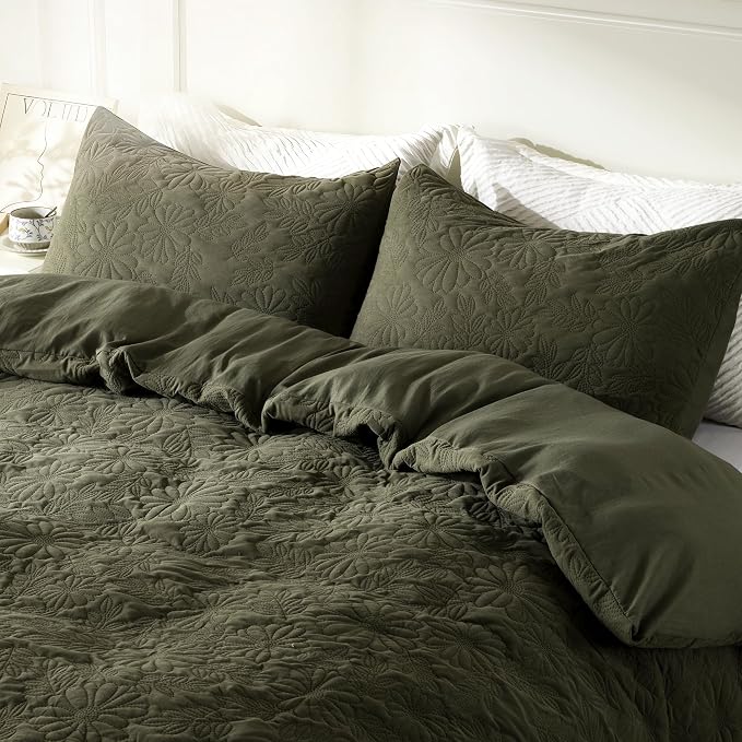 Velvet Olive Green Super Soft Twin Size Floral Textured Duvet Cover Set, 2 Pcs Bedding Comforter Covers with Button Closure for All Seasons, Includes 1 Duvet Cover and 1 Pillowcase (Olive, Twin Size)