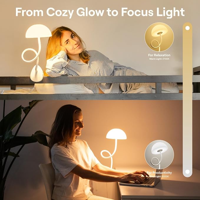 Smallish Shroommate Clip On Light for Dorm Room - 2.0 (White) | Bed Headboard Lamp, Bedside Table Lamp Dorm, College Dorm Room Essentials, Night Light Kids Nursery, MultiColor LEDs