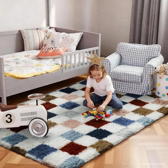 Ophanie Checkered Rainbow Rug for Living Room Bedroom,Colorful Fluffy Soft Cute Fuzzy Area Rugs,Shag Plush Shaggy Bedside Floor 4x6 Furry Carpet Kids Baby Teen Dorm Decor with Over 99 pcs Pile fibers