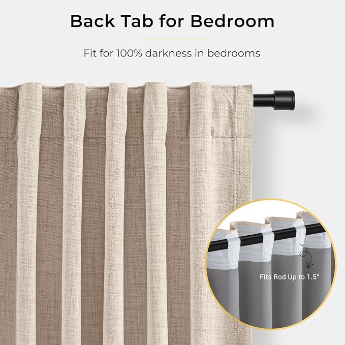 100% Blackout Curtains for Bedroom Oatmeal Linen Look Curtains 90 Inch Long | Black Out Curtains for Living Room 2 Panels, Clip Rings Blackout Drapes, Thermal Insulated Room Darkening, W50xL90
