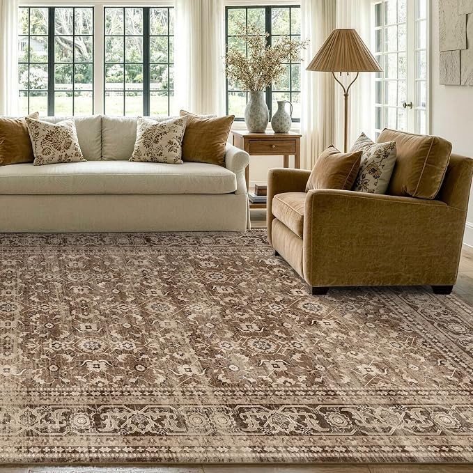 8x10 Ft Large Area Rugs for Living Room, Soft Non-Slip Machine Washable Rug, Vintage Stain Resistant Carpets for Bedroom Nursery Dining Room Home Decor (Brown)