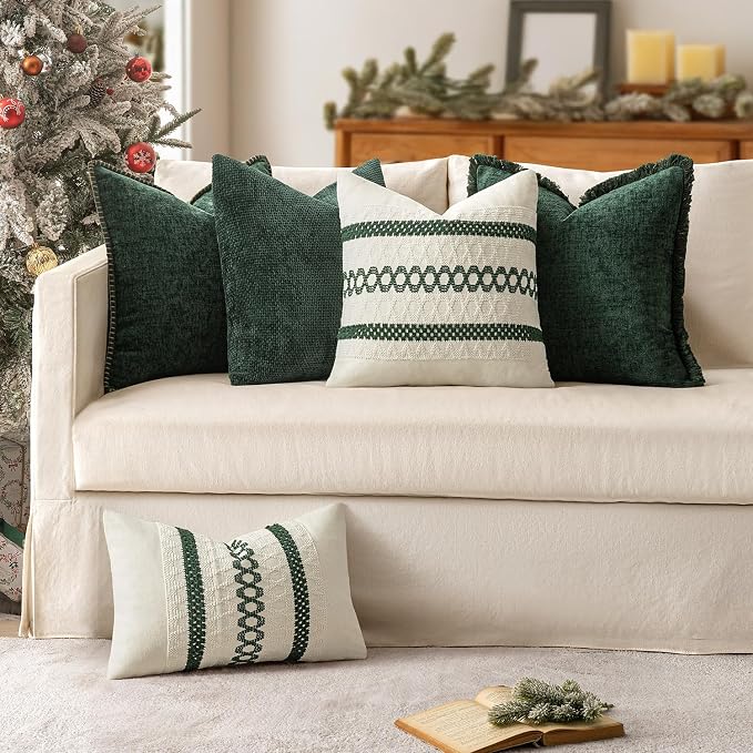 MIULEE Decorative Couch Throw Pillow Covers 18x18 in Christmas Green 2 Pack | Modern Boho Accent, Soft Chenille Pillow Covers, Farmhouse Cushion Cases for Home Decor Bed Sofa Living Room