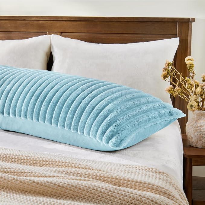 BEDELITE Fluffy Striped Body Pillow Cover with Zipper, Light Blue, 20x54 | Ultra-soft Faux Fur with 7D Striped Texture, Comfy, Plush, and Cloud-like, Body Pillow Pillowcase for Bed Couch Room Decor