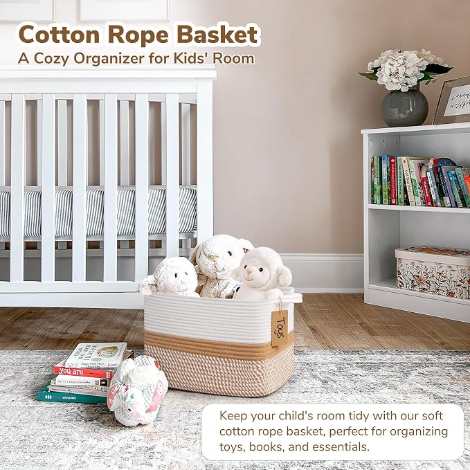 Goodpick Woven Rope Storage Basket for Shelves, White & Camel Mix | 13" × 10" × 9" Stylish Gift Basket for Home Decor, Cotton Rope Baskets for Toys & Magazines Storage, Reinforced Handles