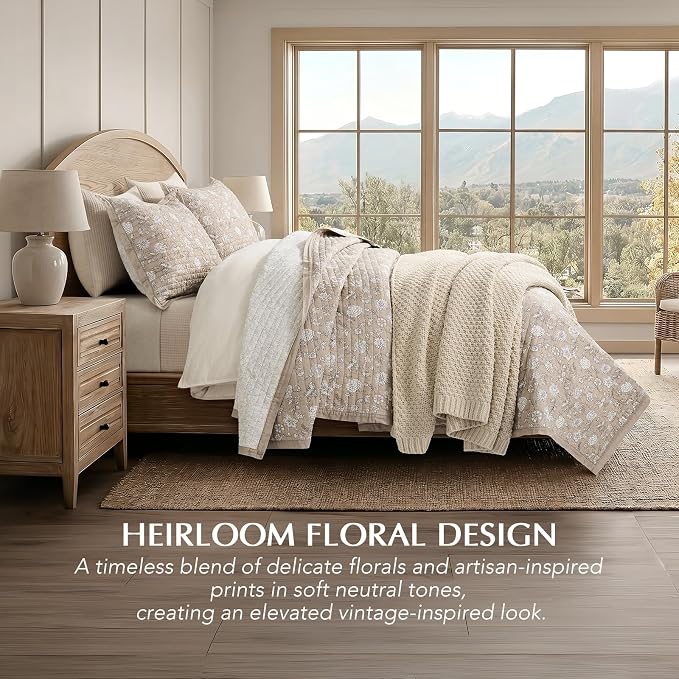 EverGrace 100% Cotton Floral Quilt Set, King Size, Sandstone Beige 108"×96" | Reversible Lightweight Bedspread Coverlet, Vintage Floral Farmhouse Bedding, Traditional Botanical Quilt with 2 Pillow Shams
