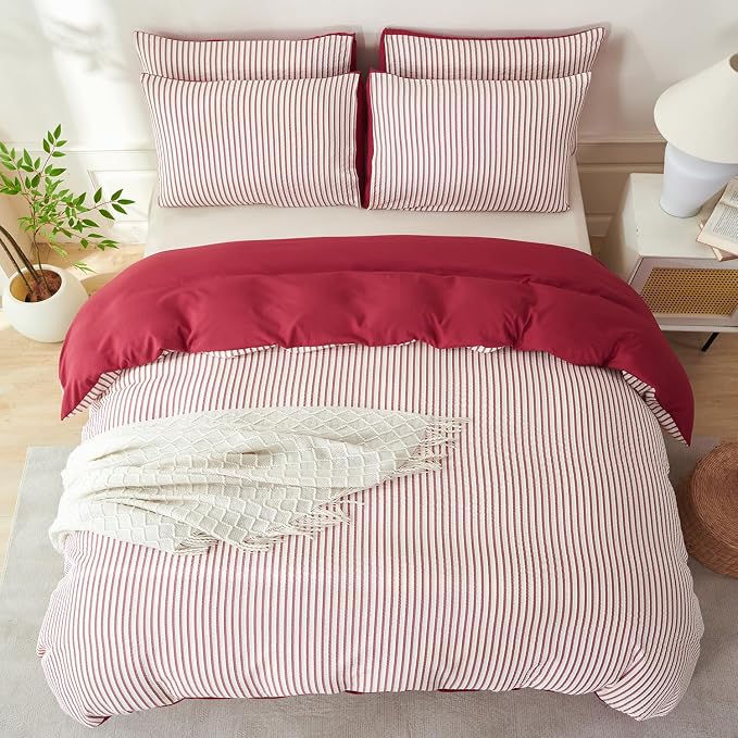 Comforter Set King Size Brick Red Striped Soft Luxury Washed Microfiber Jacquard 3 Pieces White Brick Red Vertical Ticking Stripes Pattern Comforter with 2 Pillowcases Breathable Durable Comfy