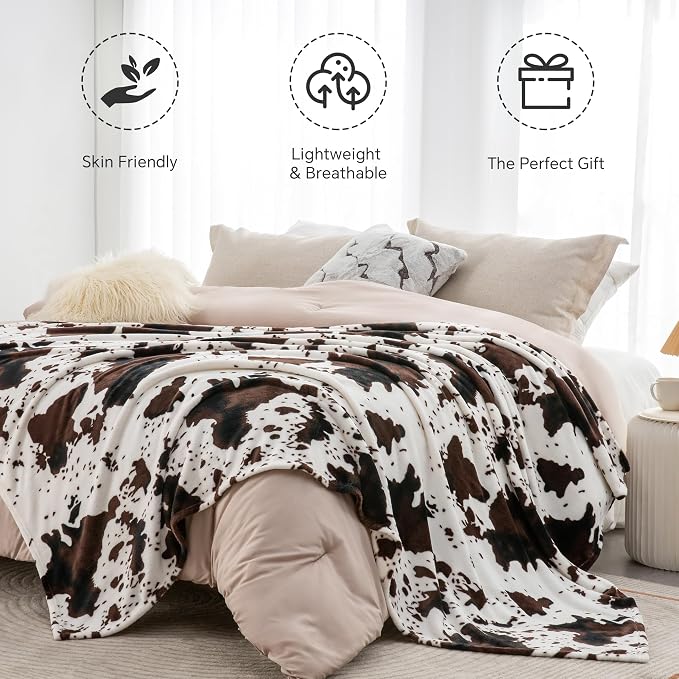 BEDELITE Fleece Blanket Soft Plush Twin Size Blanket Brown Cow 60"x80" | Ultra Soft Fleece, Plush Microfiber, Lightweight Warmth, All Season Comfort, Western Decor, Machine Washable, Couch Sofa Bed