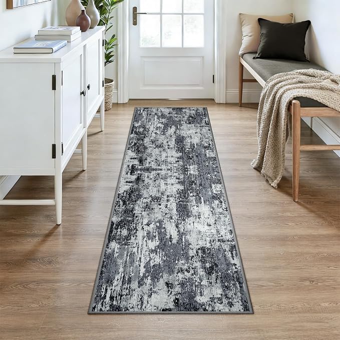 RELEANY Washable Runner 2'x7' Abstract Area Rug for Hallway Black White | Carpet for Kitchen, Entryway, Bathroom, Living Room, Bedroom, Printed Pattern, Non‑Slip, Soft, Stain‑Resistant, Easy to Clean