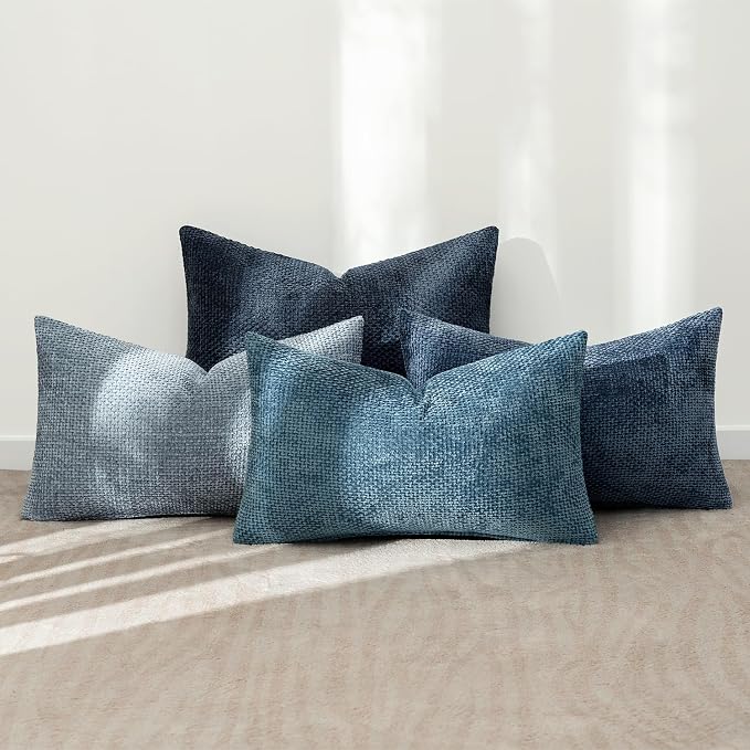 MIULEE Decorative Chenille Lumbar Pillow Covers Blue Series 12x20 | Pack of 4, Modern Coastal Decor, Blue Gradient, Couch Throw Pillows, Farmhouse Boho Cushion Covers for Sofa Bed Living Room