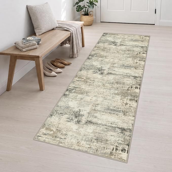 2.6x10 Washable Runner Rug:Modern Abstract Soft Carpet Ash Brown | For Hallway, Bedroom, Kitchen, Laundry, Bathroom,Door Mat,Modern Abstract,Machine washable,Non-Slip,Stain Resistant,Indoor