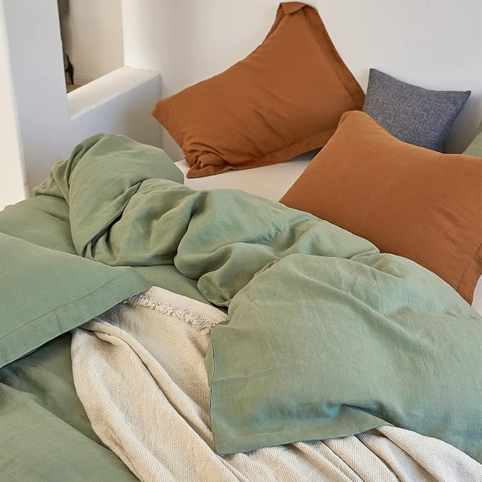 Simple&Opulence 100% Linen Duvet Cover Set 3pcs Basic Style Natural French Washed Flax Solid Color Soft Breathable Farmhouse Bedding with Button Closure - Sage Green, Full