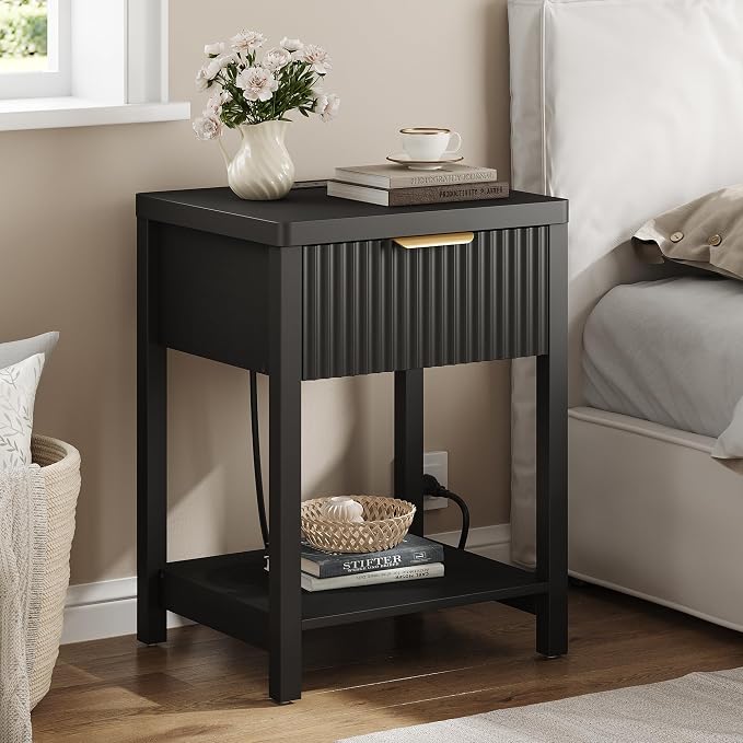 Night Stand Set 2, Fluted Wood Nightstands w/Charging Station for Bedroom | Black, Storage Drawer, Open Shelf, Metal Silent Rails, Round Corners, Modern Fluted Panel, Living Room, Bedside Table