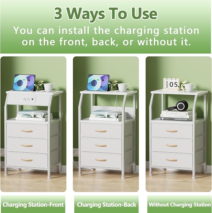 Furnulem White Nightstand with Charging Station, 3 Drawers Bedside Table | 28.3 Inch Tall Dorm Night Stand with Fabric Drawers, Storage End Table with Outlets, Small Dresser for Bedroom, 3 Ways to Use