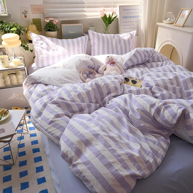 Striped Comforter Set Twin XL, Vintage Purple White Stripes Pattern Printed Bedding Set, Lightweight Soft Striped Bed Comforter with 2 Pillowcases, Farmhouse 3 Piece Comforter Set for All Season