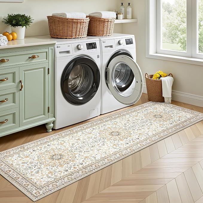 Hallway Runner Rug: 2.6x8 Kitchen Boho Rugs for Living Room Beige | Runner Rug Hallway Washable Rug No Slip Soft Bedroom Rug Indoor Floor Stain Resistant Carpets for Entryway, Laundry, Bathroom