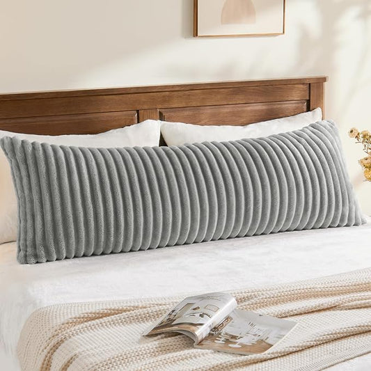 BEDELITE Fluffy Striped Body Pillow Cover with Zipper, Light Grey, 20x54 | Ultra-soft Faux Fur with 5D Striped Texture, Comfy, Plush, and Cloud-like, Body Pillow Pillowcase for Bed Couch Room Decor