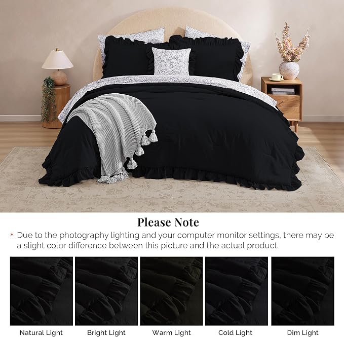 King Size Comforter Set-7 Pieces Ruffle Bedding Floral Sheet | Black Bed in a Bag, Soft Lightweight All Season Farmhouse King Size Bedding Sets with Floral Sheets, Pillowcases & Shams