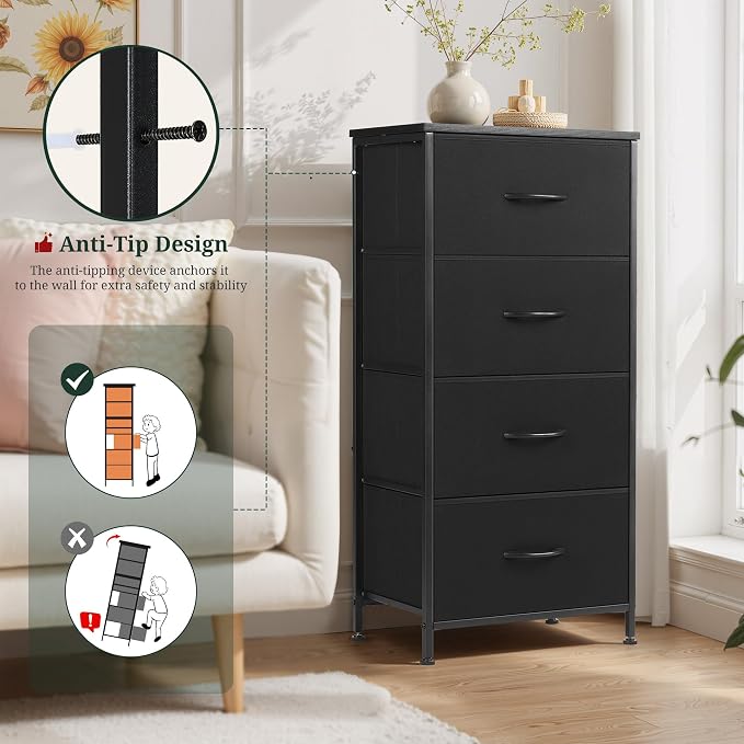 4 Drawers Dresser for Bedroom Fabric Storage Tower with Wooden Top | Steel Frame Tall Chest of Drawers for Closet, Entryway, Dorm, Black