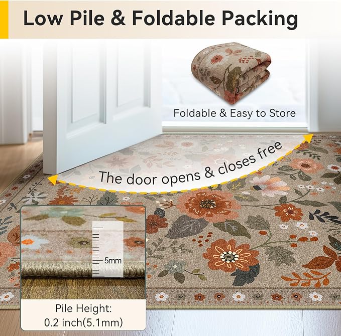 RELEANY Floral Washable 6x9 Area Rugs Brown/Brick | Flower Carpet, Print, Boho, Non-Slip, Easy to Clean, Soft, Low Pile for Living Room Bedroom Kitchen Office Entryway Hallway