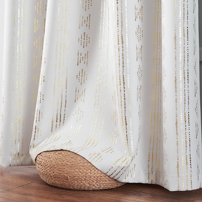 jinchan Boho Blackout Curtains 84 Inches Long for Bedroom Living Room | Gold on Off White Geometric Grommet Curtains Room Darkening Thermal Insulated Window Treatments 2 Panels
