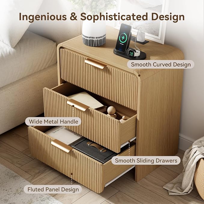 24" 3 Drawers Fluted Nightstand Set of 2, Natural Oak | 3 Drawers Bedside Table, Metal Handles & Charging Station, Curved Profile End Table for Bedroom