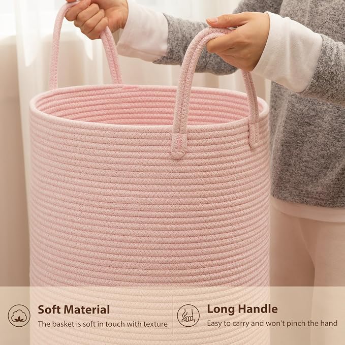 OIAHOMY 60L Nursery Hamper Laundry Basket Laundry Hamper Pink | collapsible Blanket Basket Cotton Rope Woven Basket Dirty Clothes Hamper Baby Hamper Tall Clothes Hamper with Handles