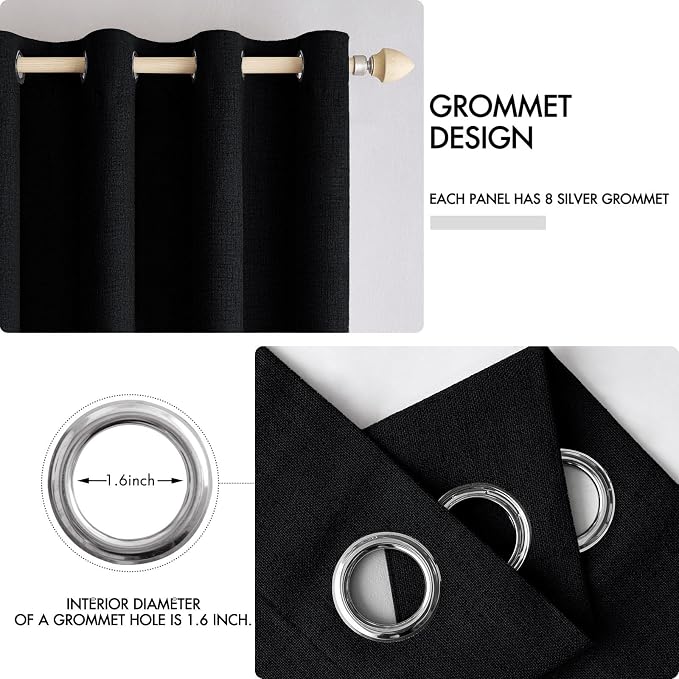 MIULEE 100% Blackout Linen Curtains for Bedroom 52x72 Inches Black | Room Darkening, Light Blocking, Thermal Insulated, Grommet Top, Linen Textured, Window Curtains for Living Room, 2 Panels