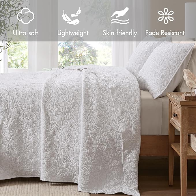 Madison Park Twin Quilt Bedding Set, Cottage-Inspired Damask, 2PC | All Season Quilted Coverlet, Classic Stitch Pattern Bedspread & Shams, Ultra Soft Microfiber Bedspread Set, White