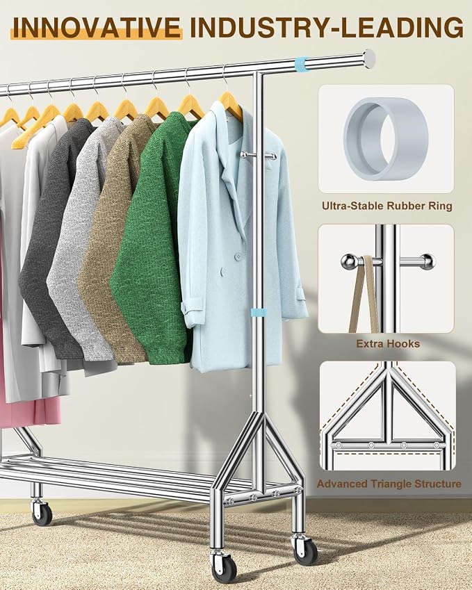 Upgraded 100% Stainless Steel Clothing Rack Load 760LBS, Heavy Duty Clothes Racks with Larger & Sturdy Wheel, Extendable & Adjustable Rolling Garment with Shelves for Hanging Portable Closet Rack
