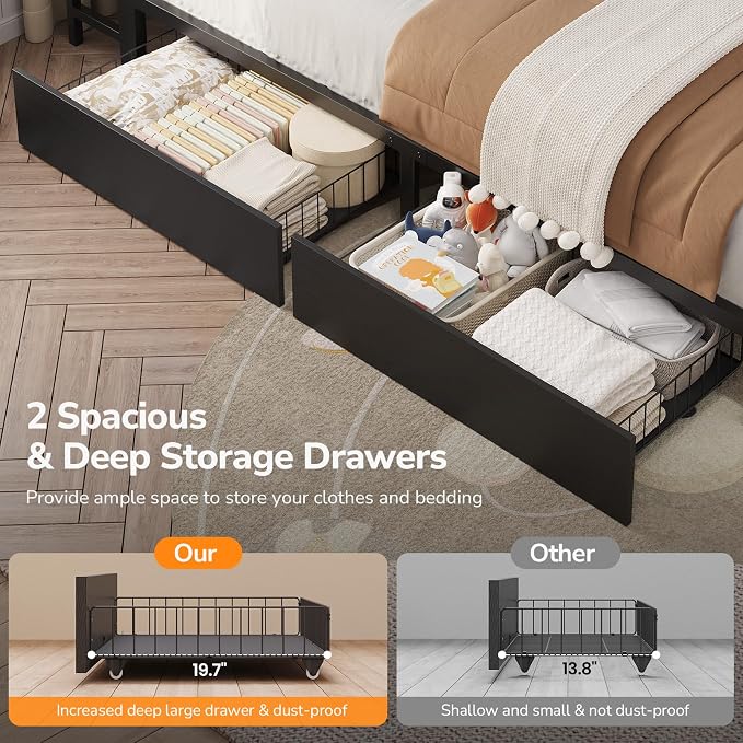DICTAC Corner Queen Bed Frame with Storage Bookcase and 2 Drawers,Queen Size Platform Corner Bed Frame with LED Lights & Charging Station,Metal Daybed for Teens/Adult with Storage,Saving Space,Black