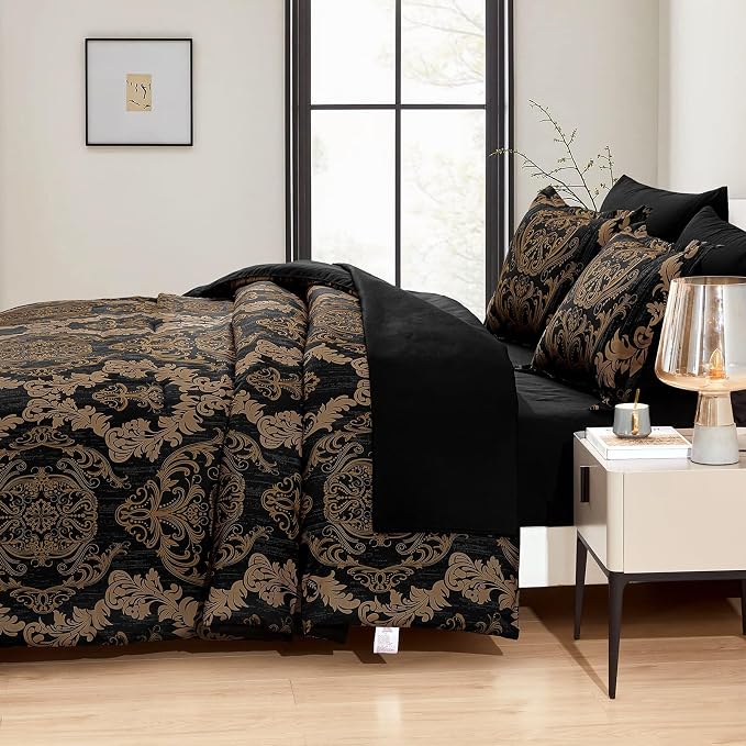 WONGS BEDDING Black Comforter Set Full Size, Gold Damask Texture 7 Pieces Bed in a Bag Microfiber Comforter Bedding Sets -1 Comforter, 1 Flat Sheet, 1 Fitted Sheet, 2 Pillow Shams, 2 Pillowcases